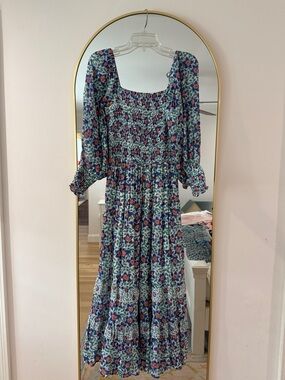 Oliphant Blue Floral Smocked Maxi Dress with Puff Sleeves